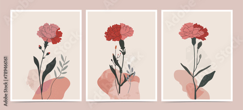Vector illustration design of carnations depicted in an abstract, organic, minimalist flat style. Mother's Day design concept.