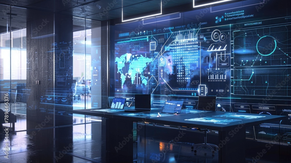 A futuristic office environment with holographic displays showing real-time time tracking data. A futuristic office environment with holographic displays showing real-time time tracking data.