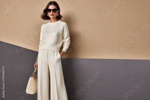 Obraz na płótnie A beautiful brunette with natural makeup wears a fashionable white pantsuit on a beige background. w salonie