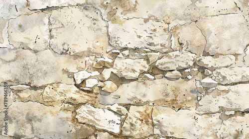 Visual art interpretation: suggesting an old, weathered stone wall, painted in neutral beige tones with realistic textural details for a sophisticated banner. portrayed with creativity.