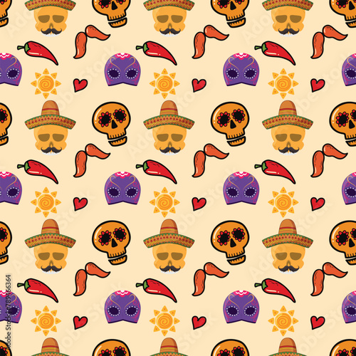 Mexican Sugar Skulls Seamless Vector Pattern Design