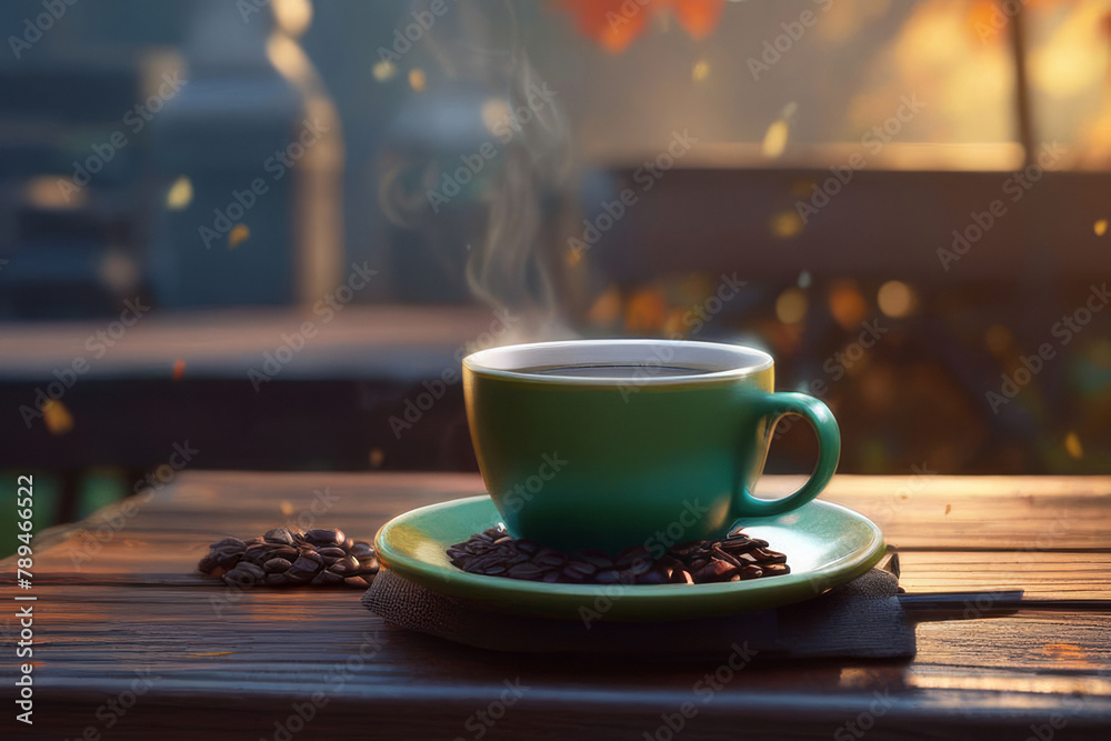 A cup of hot coffee, tea, chocolate on a wooden table early in the morning with a view of the waking up city.