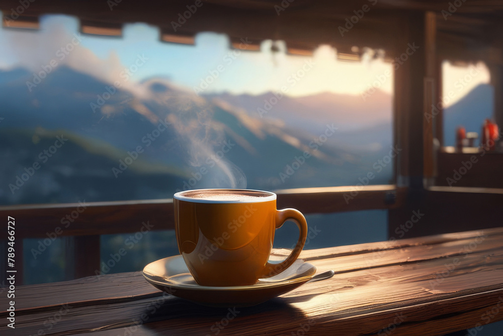 Wooden table and a cup of coffee, tea with a view of the beautiful mountains in the autumn season. Autumn season, free time, coffee break, September, October, November concept.