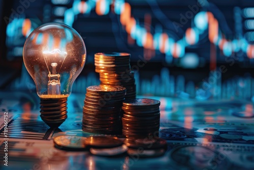 Stack of coins and bright Light bulb with digital graphic indicator symbolizing business investment photo