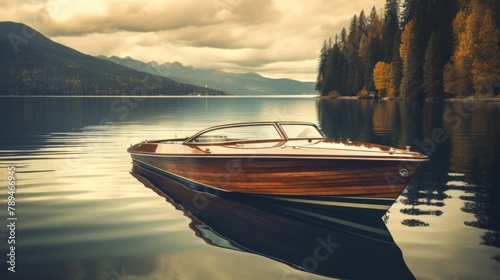 Serenity on the Water: Classic Wooden Speedboat on a Tranquil Lake. Generative ai