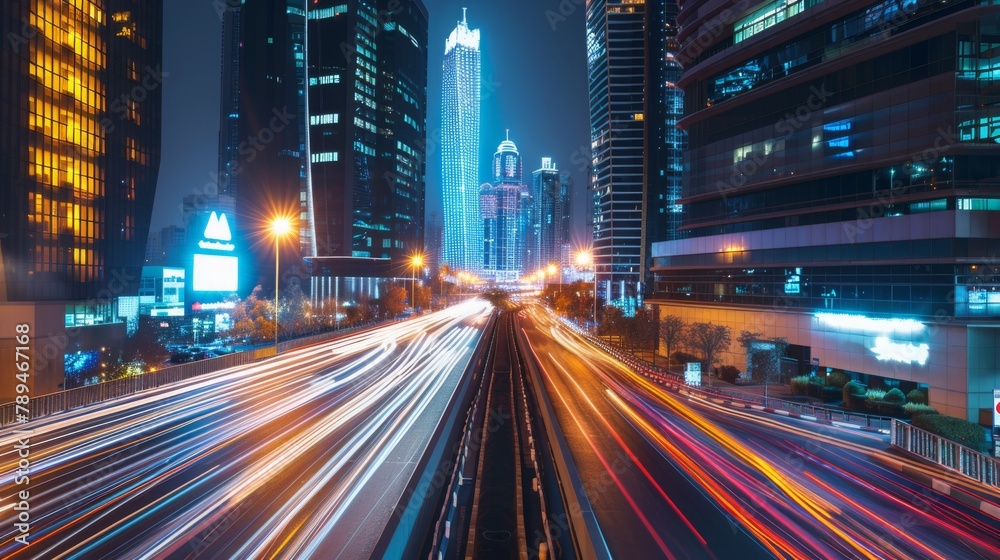 Abstract Motion Blur City, traffic in central district of city at night. Light trails with motion blur effect, long time exposure	