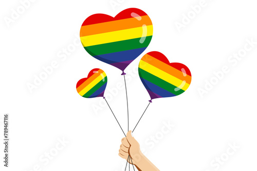 LGBT pride month, Human hand holding rainbow heart balloon on isolated background, Vector illustration.
