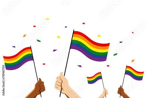 LGBT pride month, Human hands holding rainbow flag on isolated background, Vector illustration.