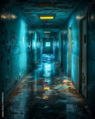 Abandoned Hallway with Eerie Atmosphere. Generative ai