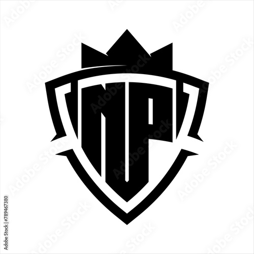 NP Letter bold monogram triangle curve shield shape with crown black and white background color design