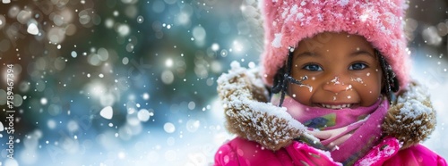 Winter Joy: Smiling Child in Snowfall. Generative ai