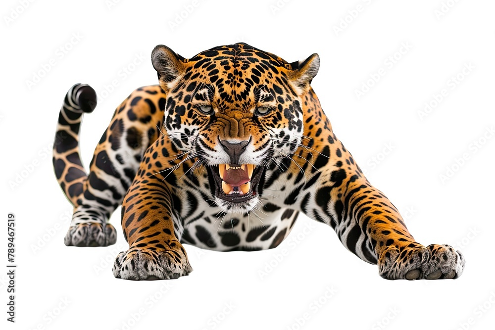 Naklejka premium a jaguar pounce with sharp claws and roared isolated on white background