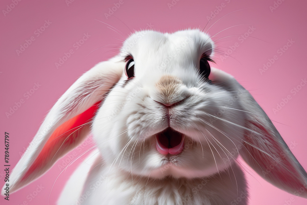 Close-up of a white fluffy rabbit on a pink pastel background. Easter bunny for Easter.
