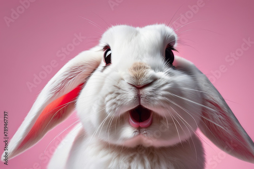 Obraz na płótnie Close-up of a white fluffy rabbit on a pink pastel background. Easter bunny for Easter. w salonie