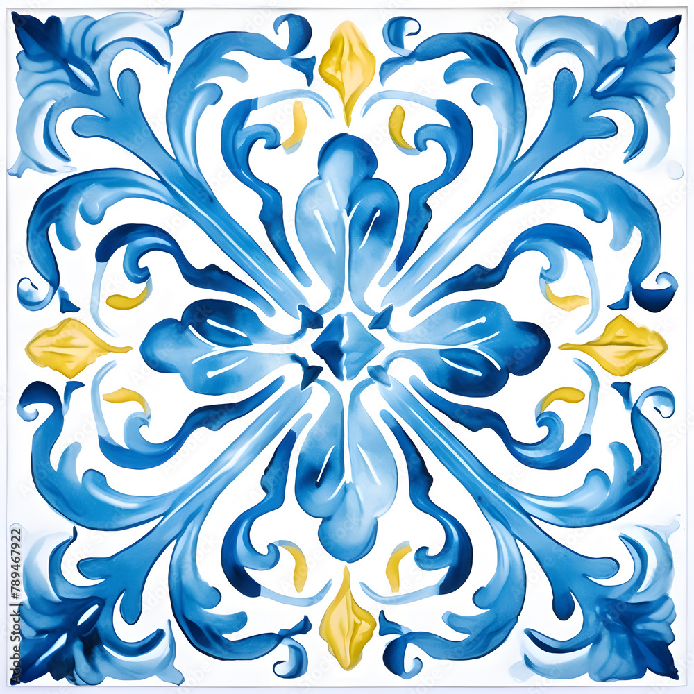 Fototapeta premium Pattern of Portuguese azulejos tiles. Rustic blue tile watercolor seamless pattern