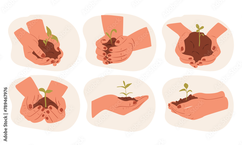 Human hand with a young plant. Set of Hands holding earth with sprout. Green energy and sustainable lifestyle concept. Save the planet vector ecology illustration. 