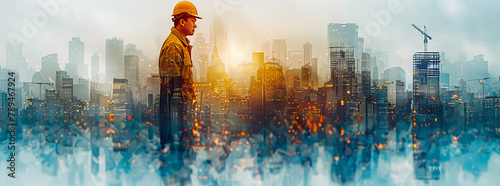 collage silhouette of a man in profile in a yellow helmet, in a silhouette image of buildings under construction,generative ai photo