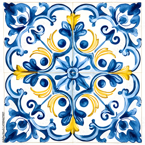 Pattern of Portuguese azulejos tiles. Rustic blue tile watercolor seamless pattern
