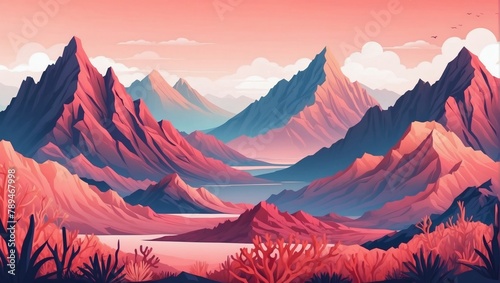 Landscape with coral mountains. Mountainous terrain. Abstract nature background. Vector illustration.