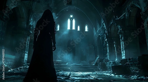 Mystic Shadow in Gothic Ruins. Concept Gothic Style, Shadow Play, Mystic Atmosphere, Ruins Photography