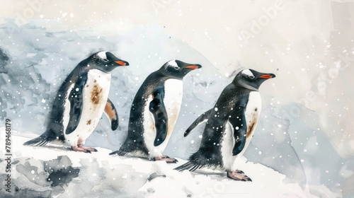 A group of penguins standing on a snow-covered slope. Suitable for winter themes