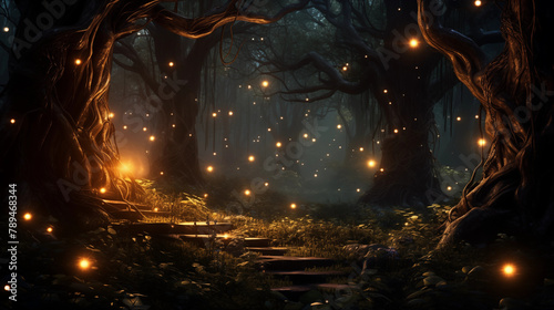 Night forest with fireflies landscape