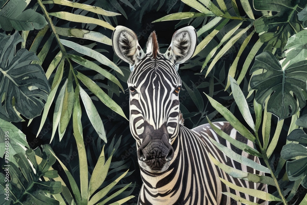 Obraz premium A zebra standing in front of a bunch of leaves. Suitable for wildlife and nature concepts