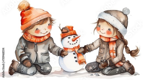 A boy and girl sit together, the little one has long brown hair in pigtails wearing an orange beanie over her head with grey winter coat and boots holding 