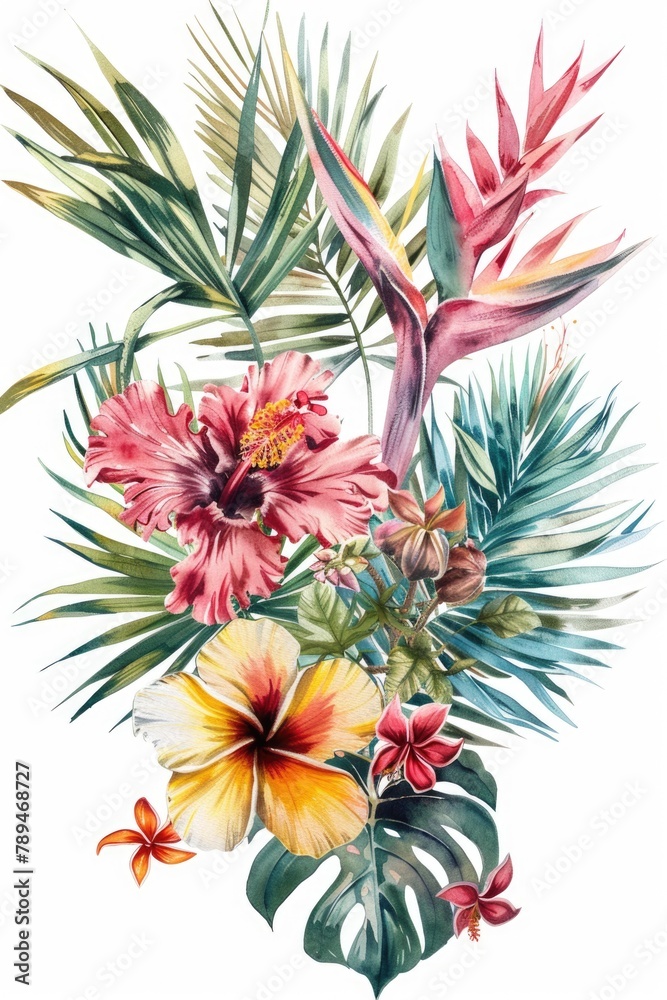 Fototapeta premium Vibrant tropical flowers and leaves in a beautiful watercolor painting. Perfect for tropical-themed designs