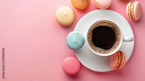 Cup of coffee and colorful macaron on pastel pink background top view