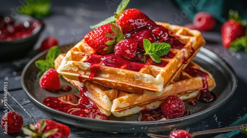 Delicious stack of waffles topped with fresh strawberries and syrup. Perfect for breakfast or dessert