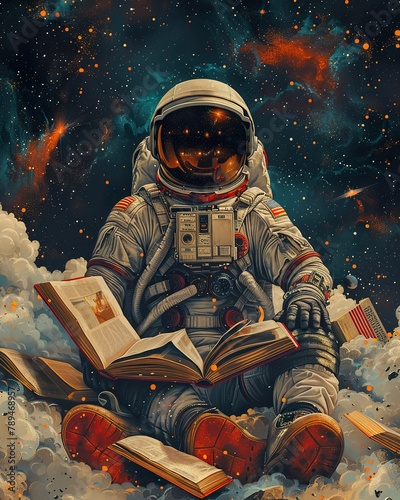 A illustration of a stressed-out astronaut surrounded by floating textbooks in space, collage of a 70s style, blending retro aesthetics with contemporary art. vintage & pop background, wallpaper, post