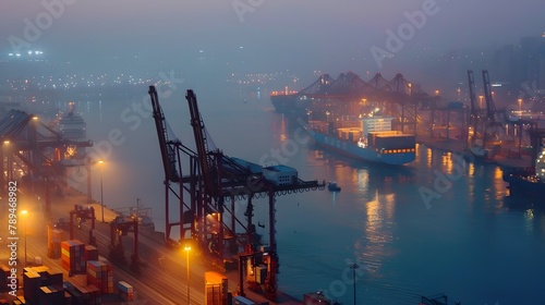 Global Marine Transportation: A Bustling Container Port at Dusk