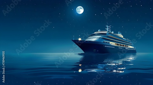Modern Cruise Liner's Nighttime Ocean Voyage: A Dazzling Display of Marine Leisure Travel