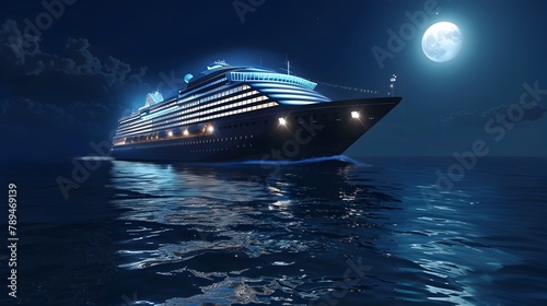 Nighttime Voyage: A Modern Cruise Liner's Journey Across the Moonlit Ocean