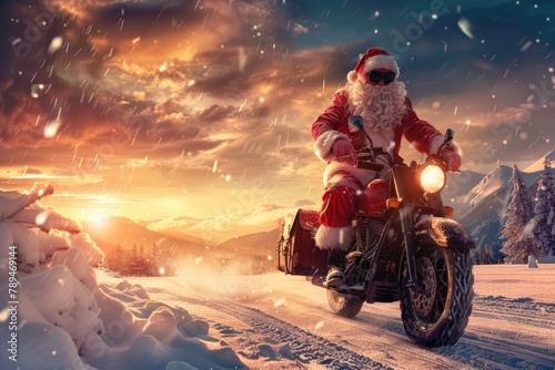 Festive Santa Claus riding a motorcycle in snowy landscape. Perfect for holiday season designs © Fotograf