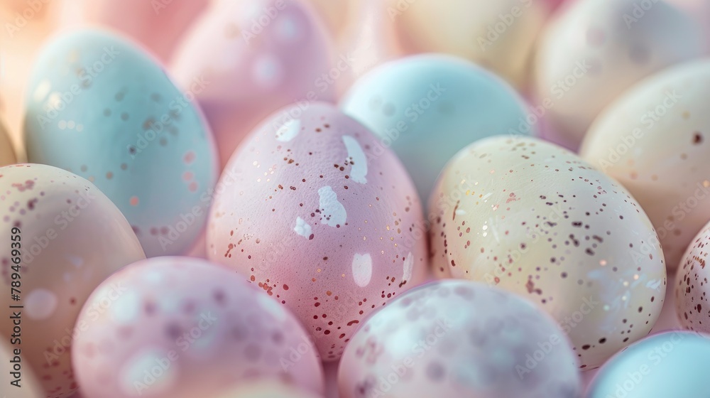 A closeup of pastel colored Easter eggs, arranged in an aesthetically pleasing pattern. 