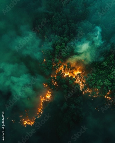 Wildfire spreading through forest at night, dark green glow, aerial view, apocalyptic drama