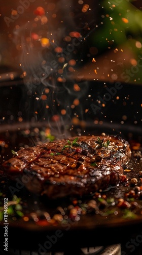 Sizzling steak with levitating spices and herbs, warm, inviting kitchen scene.