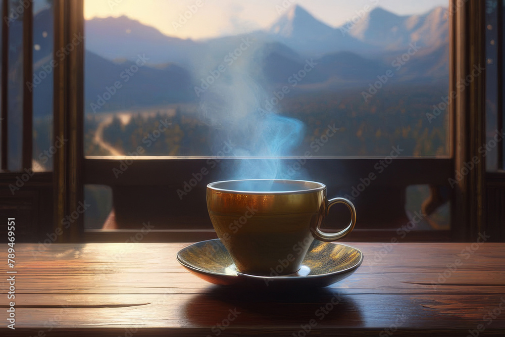 Wooden table and a cup of coffee, tea with a view of the beautiful mountains in the autumn season. Autumn season, free time, coffee break, September, October, November concept.
