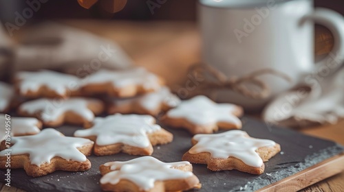 A closeup photo of white star-shaped cookies with glaze, arranged on an isolated slate platter and placed next to a vintage coffee mug in the background.