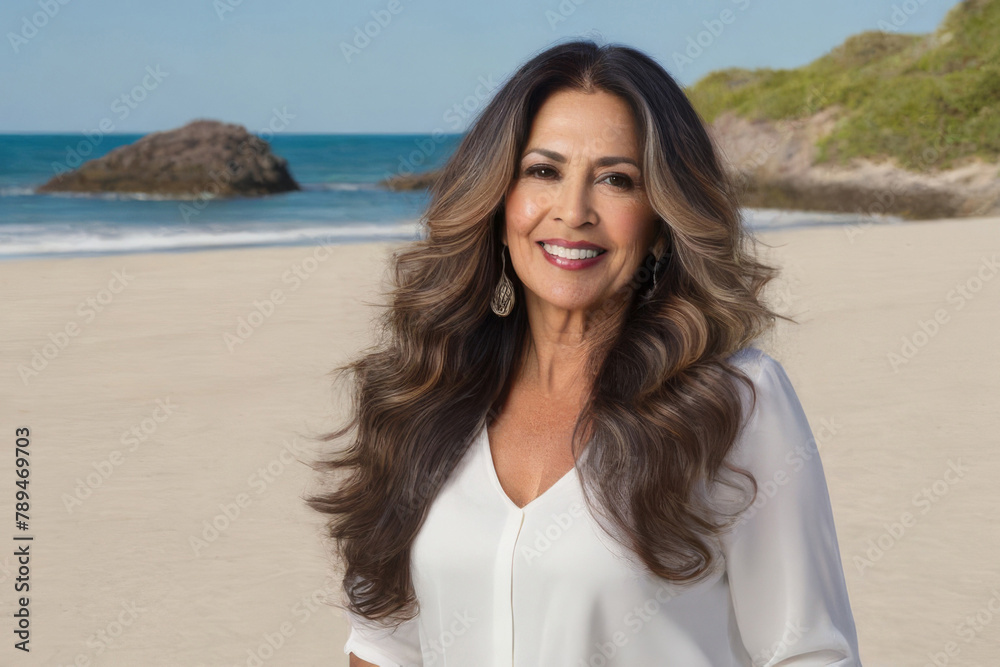 Portrait of a happy smiling confident middle-aged Spanish woman relaxing on the seashore