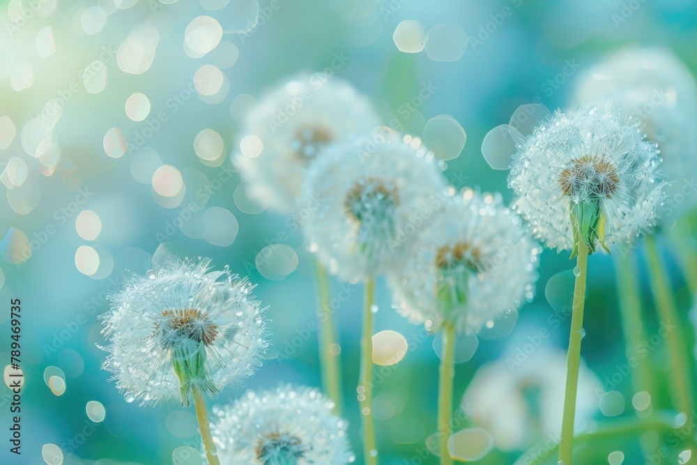 Obraz premium Beautiful white dandelions on a lush green field, perfect for nature backgrounds