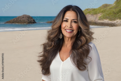 Obraz na płótnie Portrait of a happy smiling confident middle-aged Spanish woman relaxing on the seashore w salonie