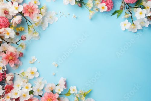 Spring flowers on blue background. Flat lay  top view  copy space