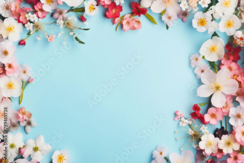 Spring flowers on blue background with copy space. Flat lay, top view © Ula