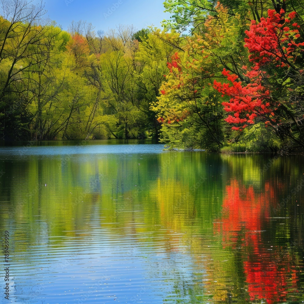 A tranquil lakeside scene with vibrant spring foliage reflected in the calm water, creating a sense of serenity. A tranquil lakeside scene with vibrant spring foliage reflected in the calm water, creating a sense of serenity.