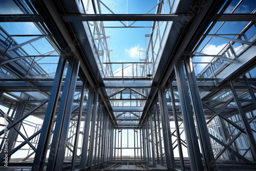 Steel structure at construction site with blue sky background. Industrial background.