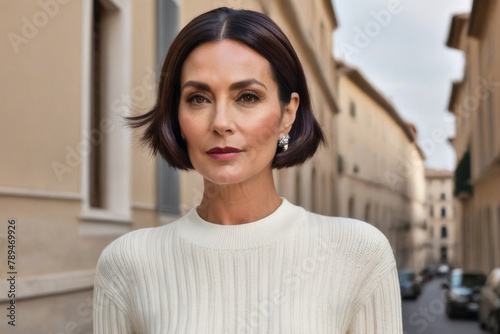 Obraz na płótnie A beautiful brunette with natural makeup wears a fashionable white pantsuit on a beige background w salonie