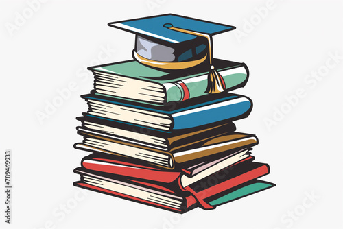 Flat Design Illustration of Academic Books and Cap. Illustration of a graduation cap atop a stack of books.